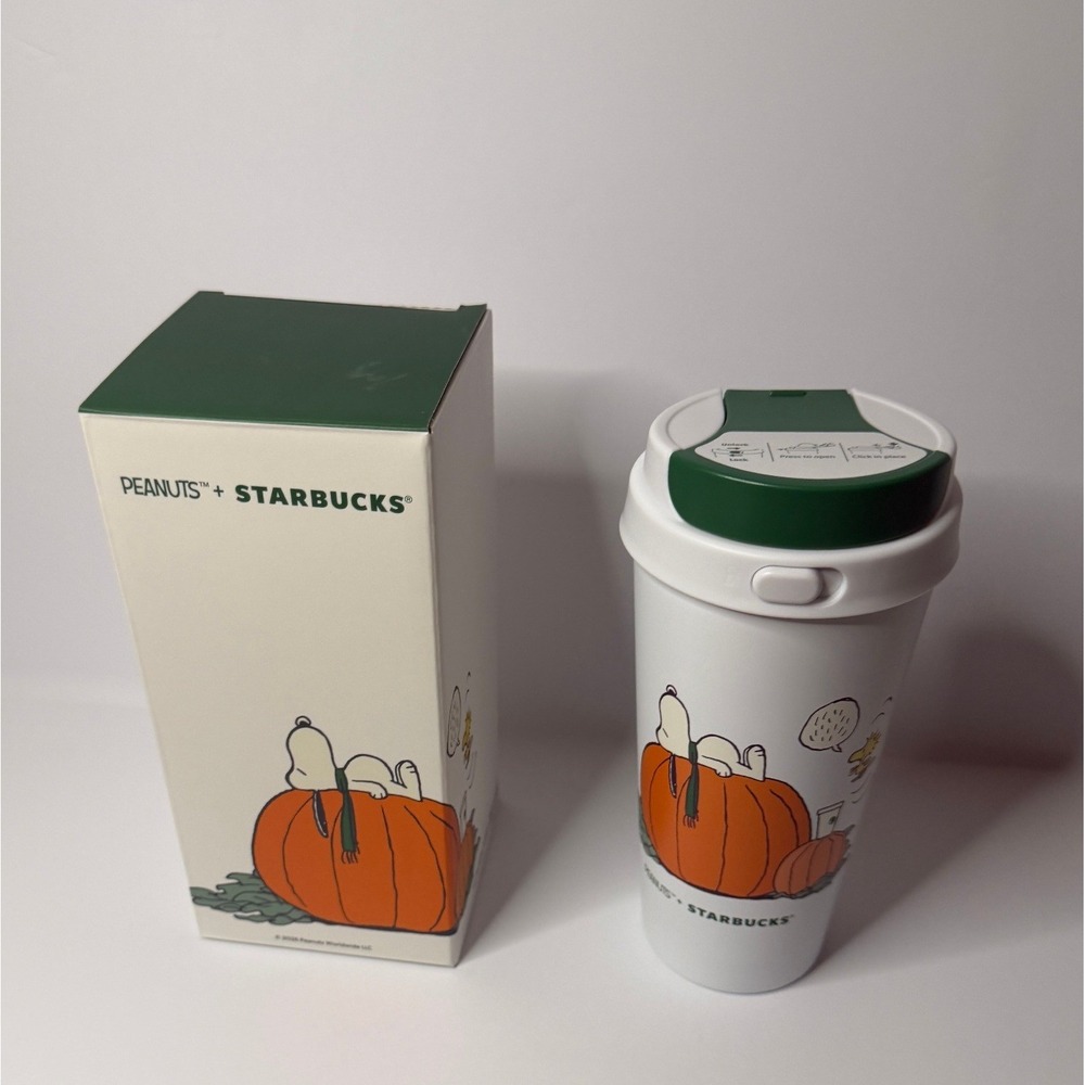 Starbucks Peanuts Snoopy Pumpkin Tumbler Travel Mug White Green 16oz